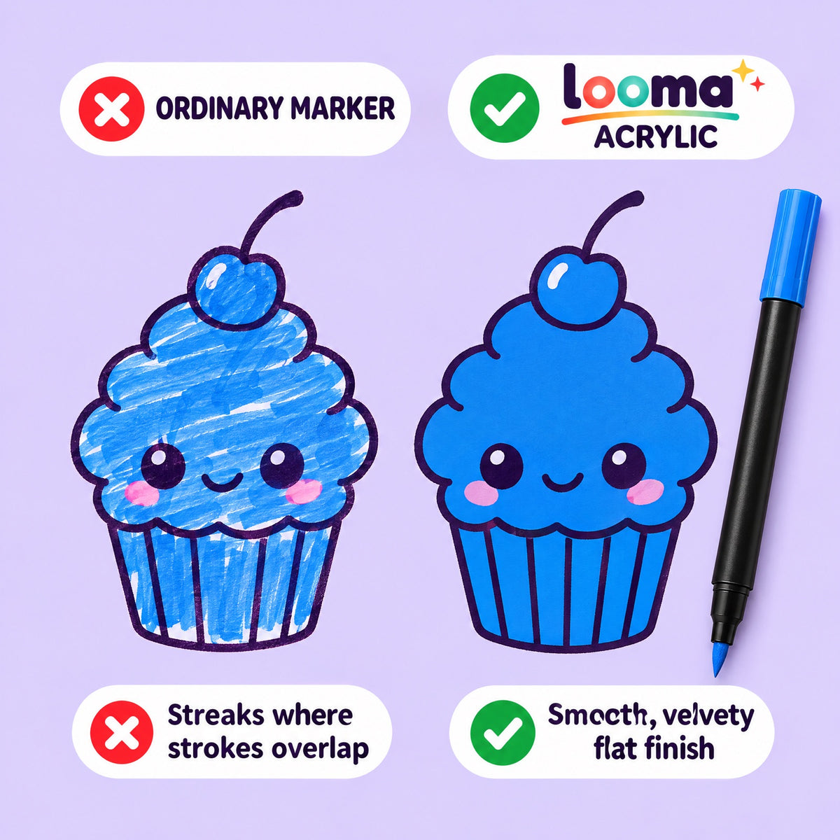 Ordinary marker vs Looma acrylic — smooth, velvety flat finish