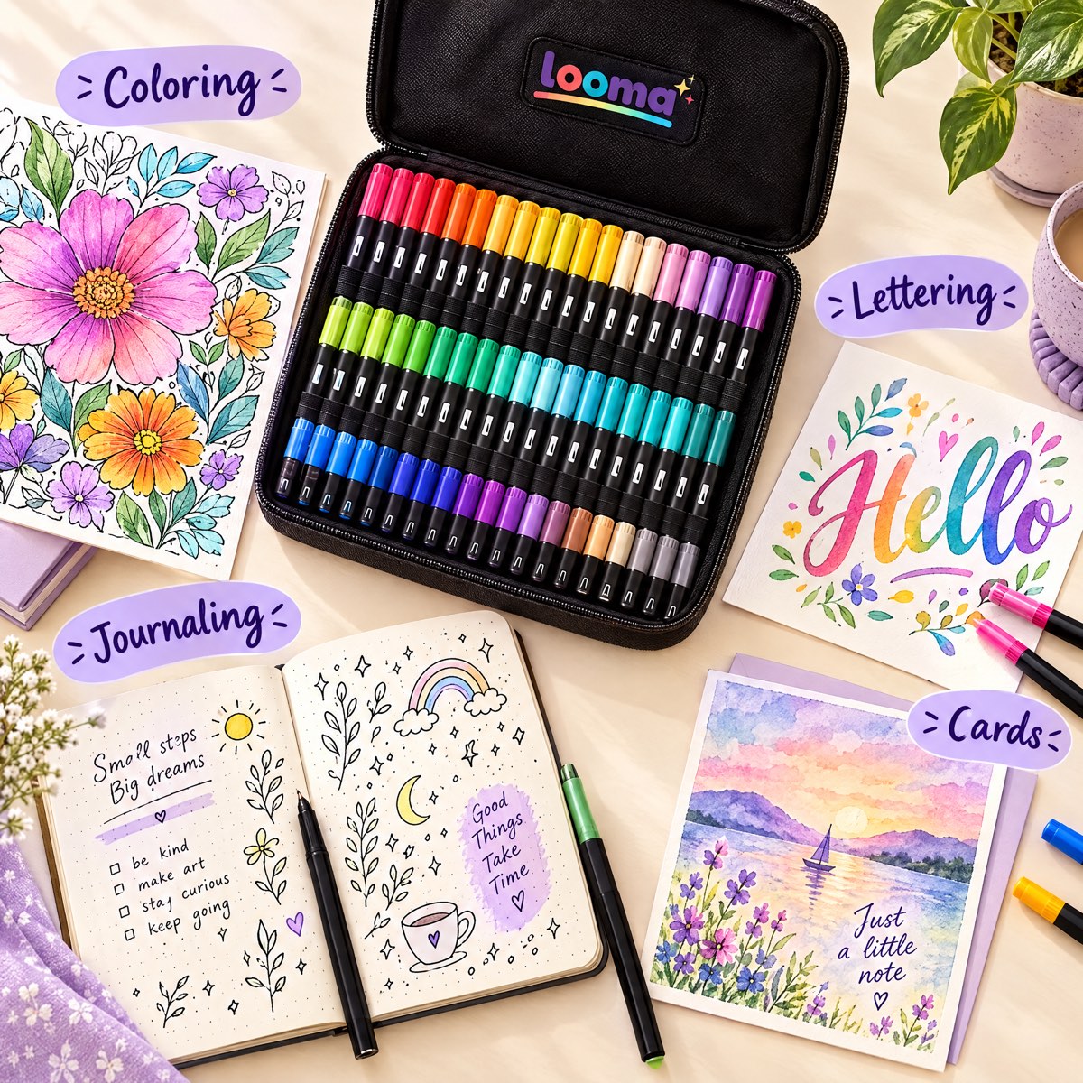 Coloring pages and cards made with Looma acrylic markers