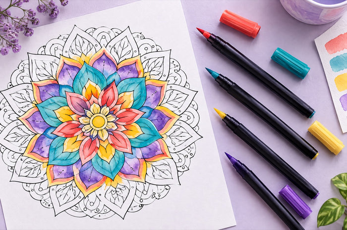 Mandala colored with brush pens