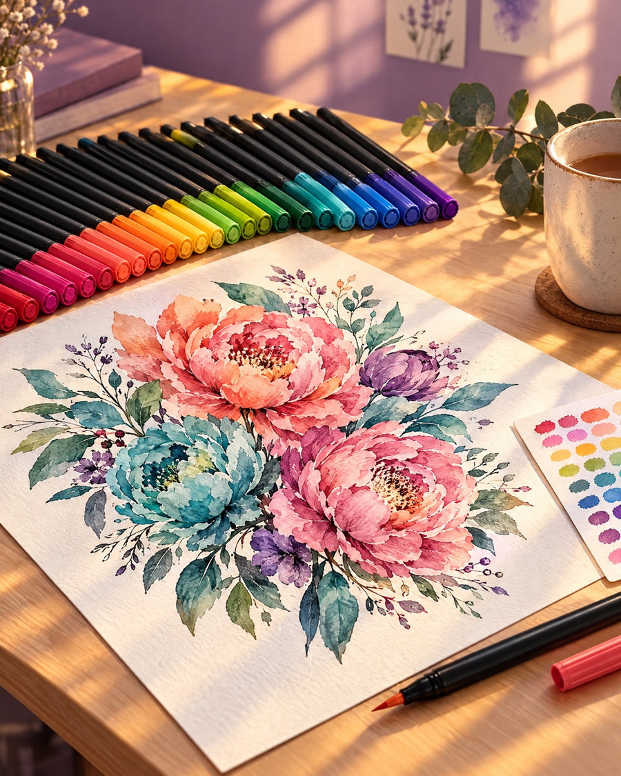 Looma brush pens on a creator's desk